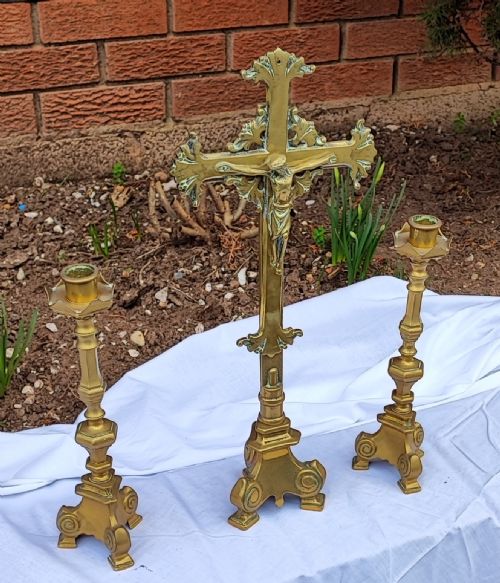 antique brass religious family devotional garniture - CATEGORY: ANTIQUE METAL - DATED 1900