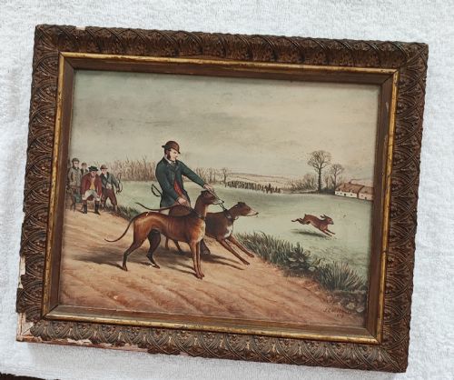 primitive oil painting of hare coursing possibly irish - CATEGORY: ANTIQUE ART - DATED 19TH CENTURY