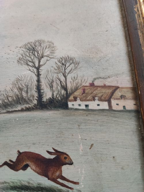 PRIMITIVE OIL PAINTING OF HARE COURSING POSSIBLY IRISH - ADDITIONAL PHOTO 3