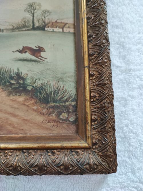 PRIMITIVE OIL PAINTING OF HARE COURSING POSSIBLY IRISH - ADDITIONAL PHOTO 8