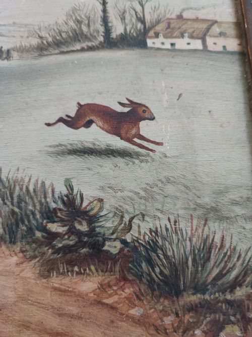 PRIMITIVE OIL PAINTING OF HARE COURSING POSSIBLY IRISH - ADDITIONAL PHOTO 10