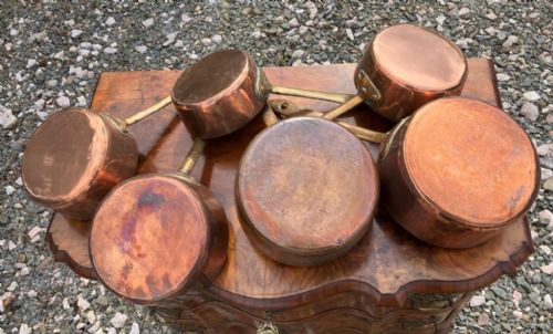 antique set of 6 copper and brass french pans - CATEGORY: ANTIQUE METAL - DATED 1900