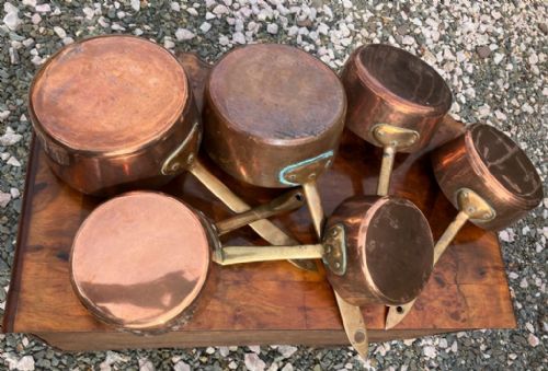 ANTIQUE SET OF 6 COPPER AND BRASS FRENCH PANS - ADDITIONAL PHOTO 1