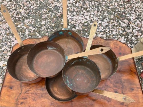 ANTIQUE SET OF 6 COPPER AND BRASS FRENCH PANS - ADDITIONAL PHOTO 2