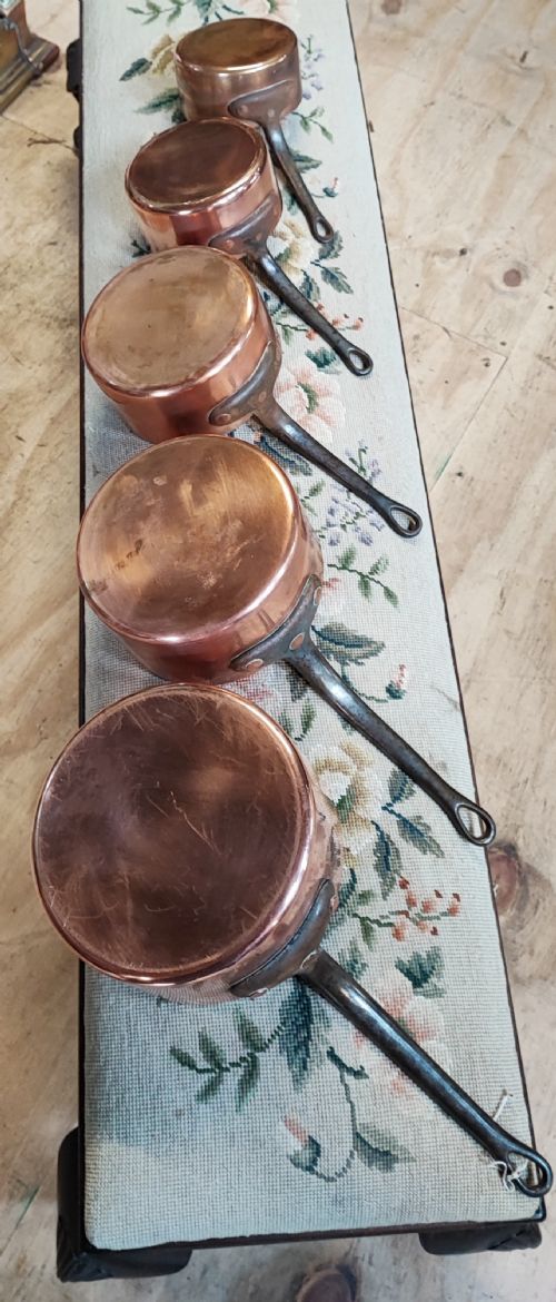 ANTIQUE SET OF 5 FRENCH COPPER PANS - ADDITIONAL PHOTO 1