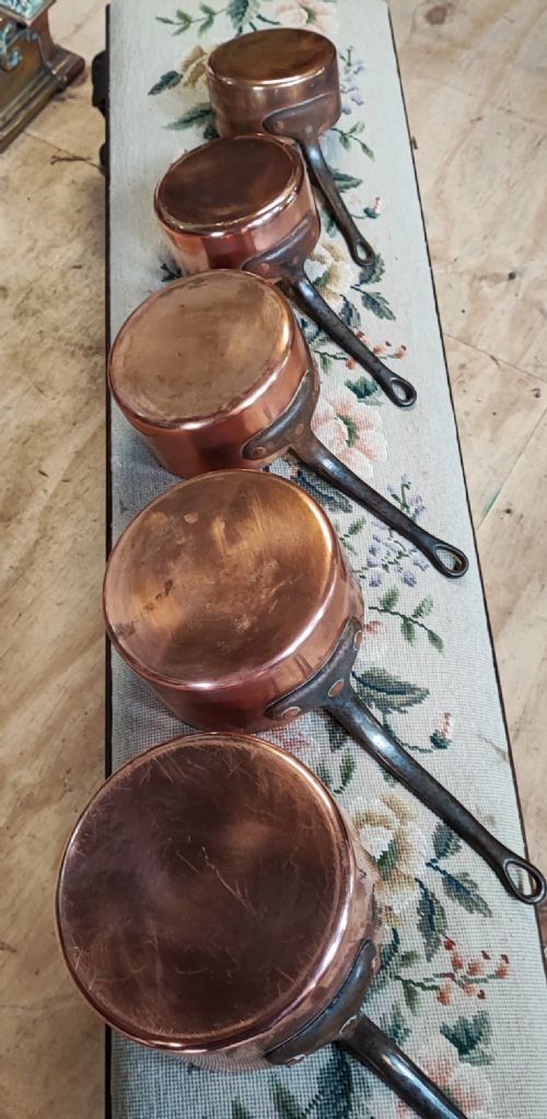 ANTIQUE SET OF 5 FRENCH COPPER PANS - ADDITIONAL PHOTO 2