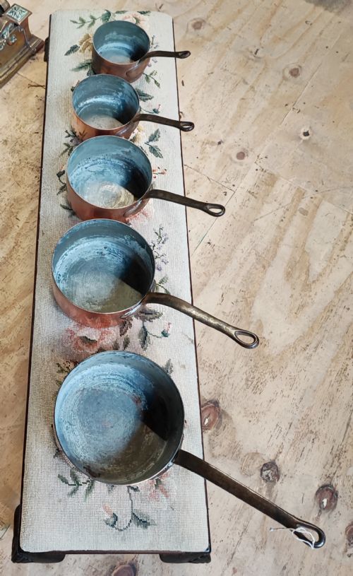 ANTIQUE SET OF 5 FRENCH COPPER PANS - ADDITIONAL PHOTO 5