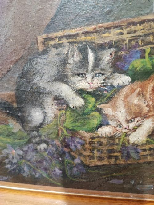 ANTIQUE FRENCH OIL OF KITTENS AT PLAY - ADDITIONAL PHOTO 1