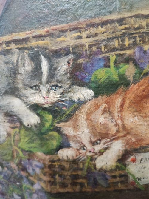 ANTIQUE FRENCH OIL OF KITTENS AT PLAY - ADDITIONAL PHOTO 2