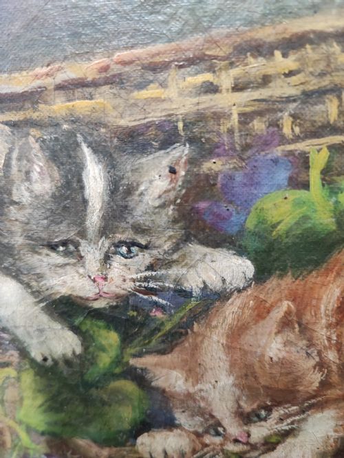 ANTIQUE FRENCH OIL OF KITTENS AT PLAY - ADDITIONAL PHOTO 3