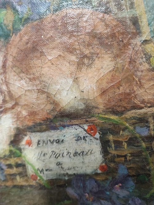 ANTIQUE FRENCH OIL OF KITTENS AT PLAY - ADDITIONAL PHOTO 5