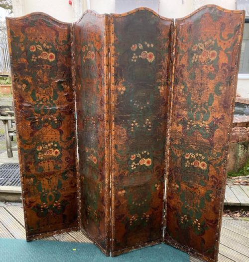 19c 4 fold leather painted screen - CATEGORY: ANTIQUE MISCELLANEOUS - DATED 19TH CENTURY