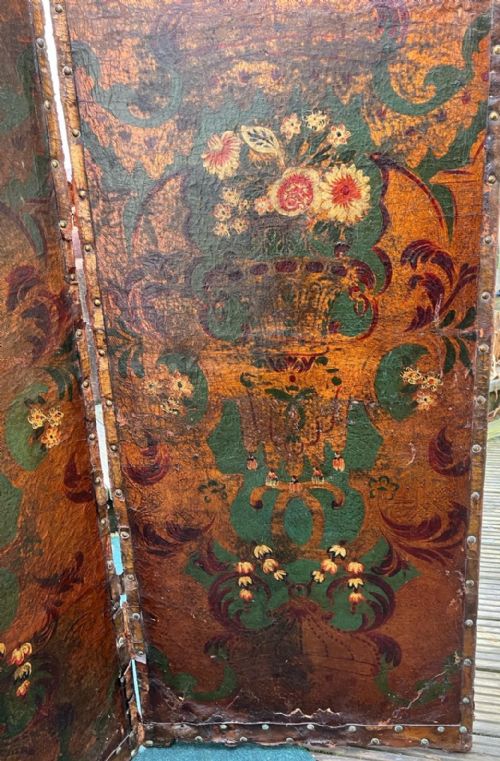 19C 4 FOLD LEATHER PAINTED SCREEN - ADDITIONAL PHOTO 2