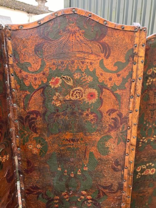 19C 4 FOLD LEATHER PAINTED SCREEN - ADDITIONAL PHOTO 5