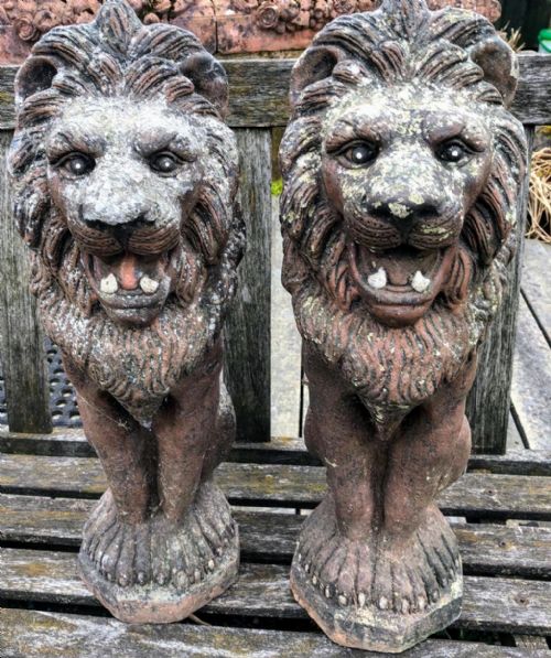 antique pair of reconstituted stone gate post lions - CATEGORY: ANTIQUE MISCELLANEOUS - DATED 1920