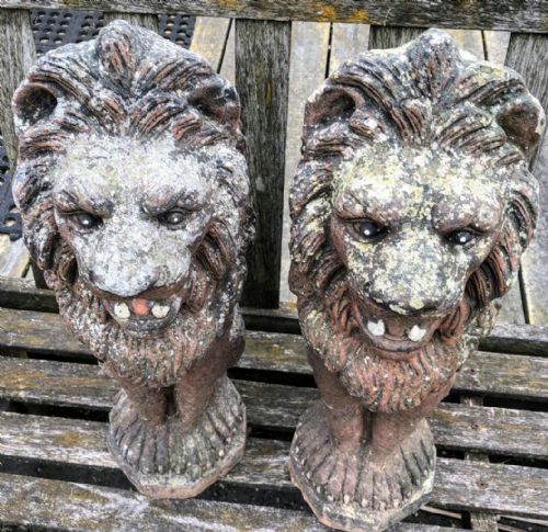 ANTIQUE PAIR OF RECONSTITUTED STONE GATE POST LIONS - ADDITIONAL PHOTO 7