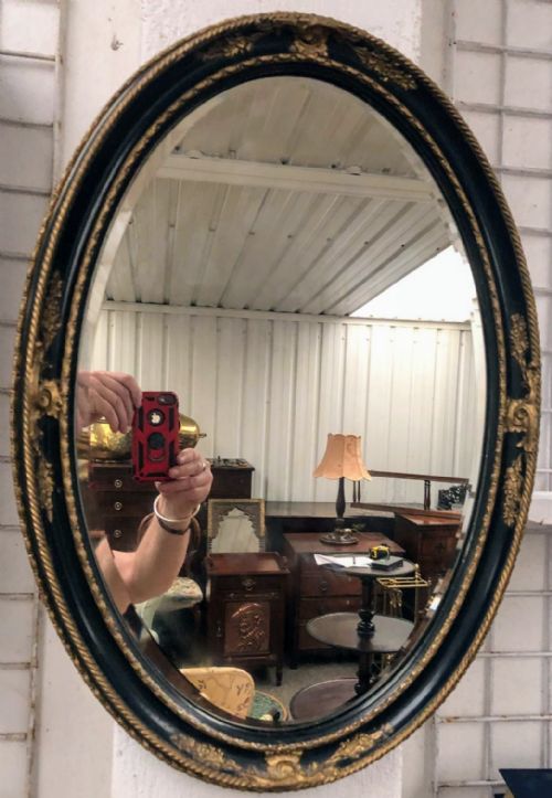 antique black lacquer and gilt oval mirror - CATEGORY: ANTIQUE MIRRORS - DATED EDWARDIAN