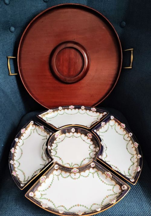 stunning copeland spode hors doeuvres porcelain serving dishes in original mahogany tray - CATEGORY: ANTIQUE CERAMICS - DATED EDWARDIAN