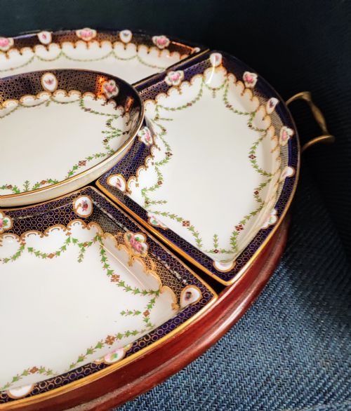 STUNNING COPELAND SPODE HORS DOEUVRES PORCELAIN SERVING DISHES IN ORIGINAL MAHOGANY TRAY - ADDITIONAL PHOTO 3