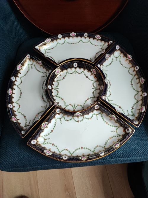 STUNNING COPELAND SPODE HORS DOEUVRES PORCELAIN SERVING DISHES IN ORIGINAL MAHOGANY TRAY - ADDITIONAL PHOTO 8