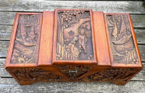 ANTIQUE SMALL CARVED CAMPHOR WOOD TRUNK - ADDITIONAL PHOTO 1