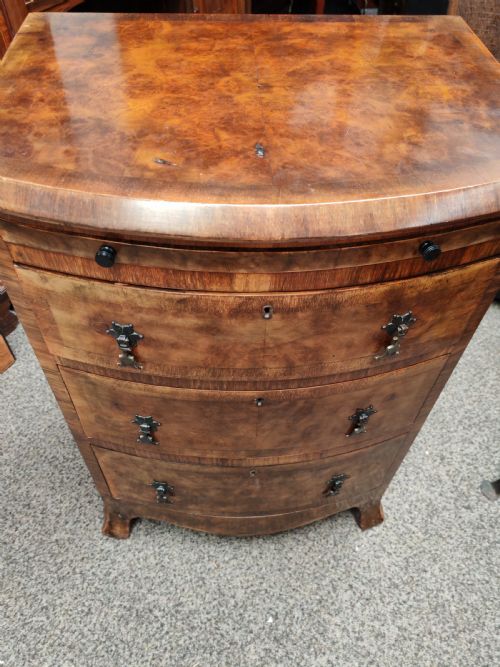 ANTIQUE SMALL WALNUT BOW FRONT CHEST WITH BRUSHING SLIDE - ADDITIONAL PHOTO 1