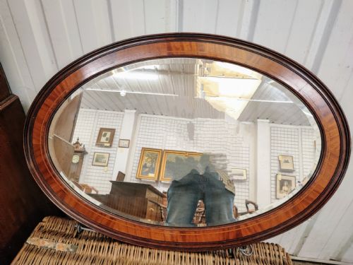 antique inlaid mahogany oval mirror - CATEGORY: ANTIQUE MIRRORS - DATED EDWARDIAN