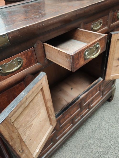 ANTIQUE KOREAN BURR ELM AND BRASS SIDE CABINET - ADDITIONAL PHOTO 1