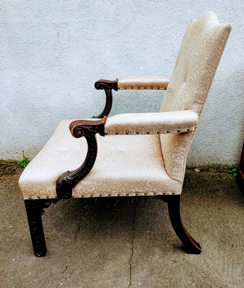 ANTIQUE CARVED MAHOGANY GAINSBOROUGH ARM CHAIR - ADDITIONAL PHOTO 7