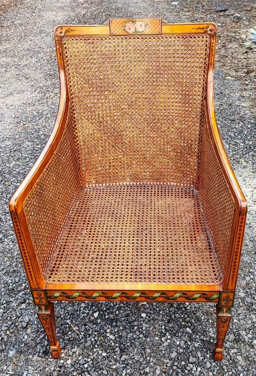 ANTIQUE SUPERB PAINTED SOLID SATIN WOOD PAINTED BERGERE CHAIR STAMPED BY LONDON MAKER - ADDITIONAL PHOTO 7