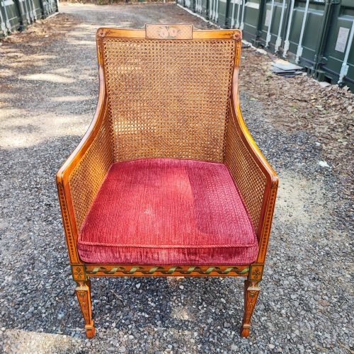 ANTIQUE SUPERB PAINTED SOLID SATIN WOOD PAINTED BERGERE CHAIR STAMPED BY LONDON MAKER - ADDITIONAL PHOTO 11