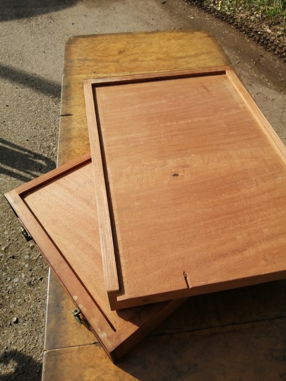 Fine antique walnut sofa table. View IX