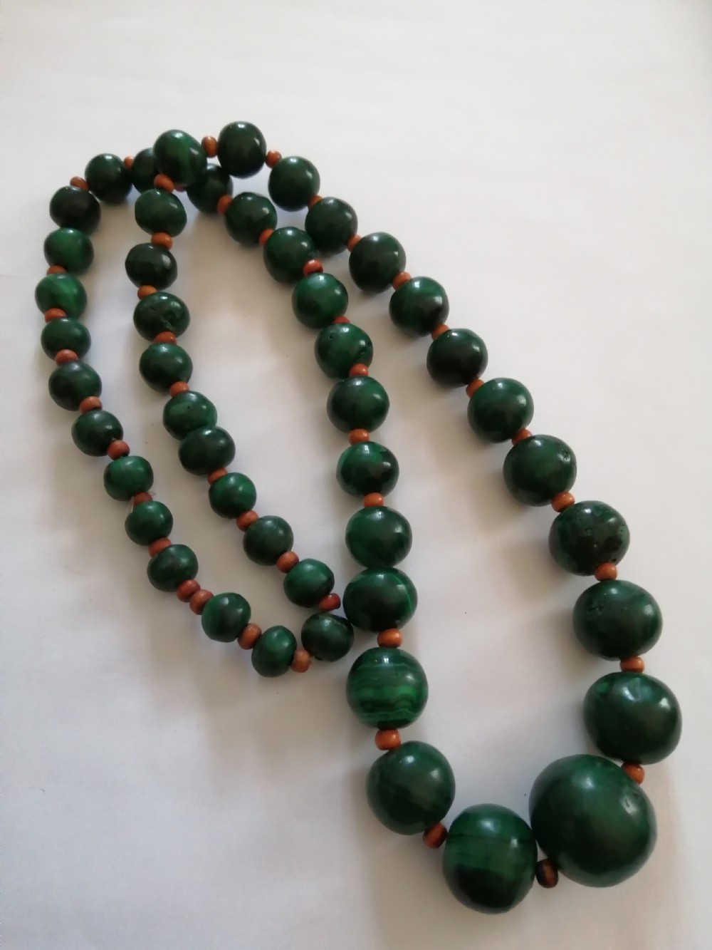 Malachite and fruit wood 24 inch necklace. View IV