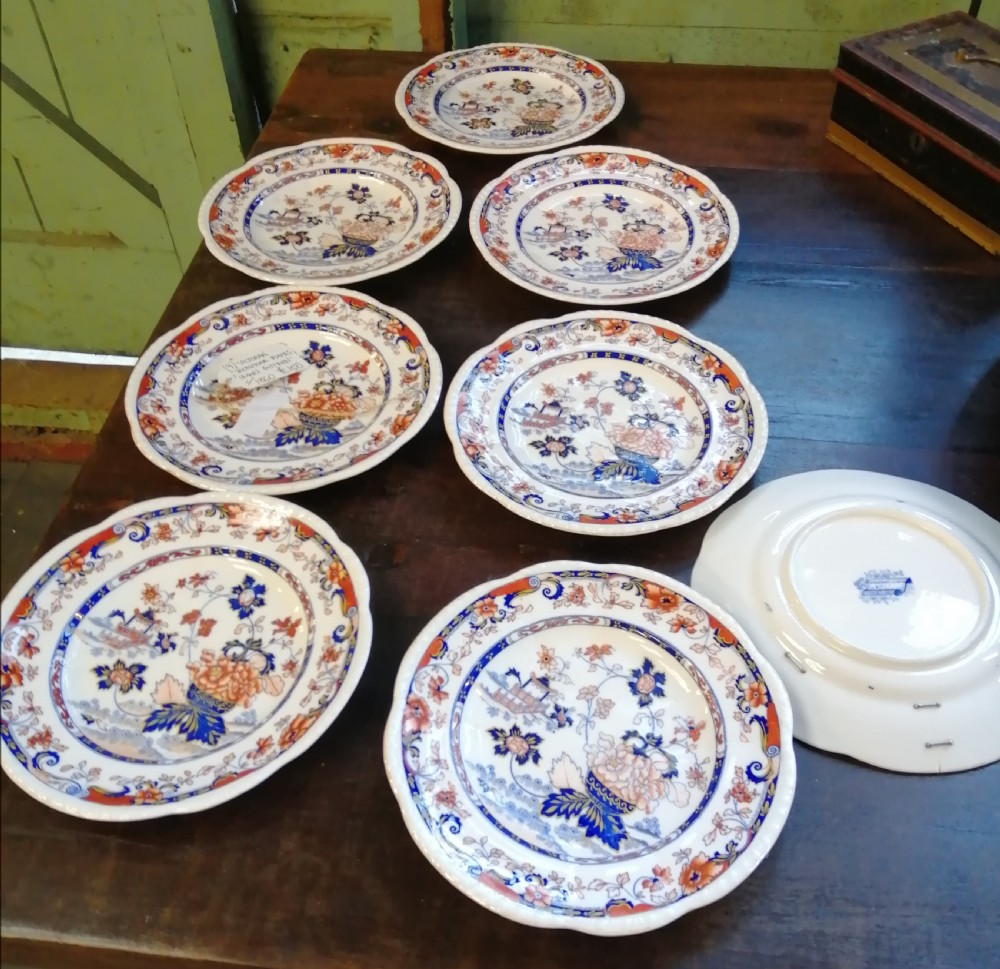 8 antique Imari pattern, English ironstone plates.
