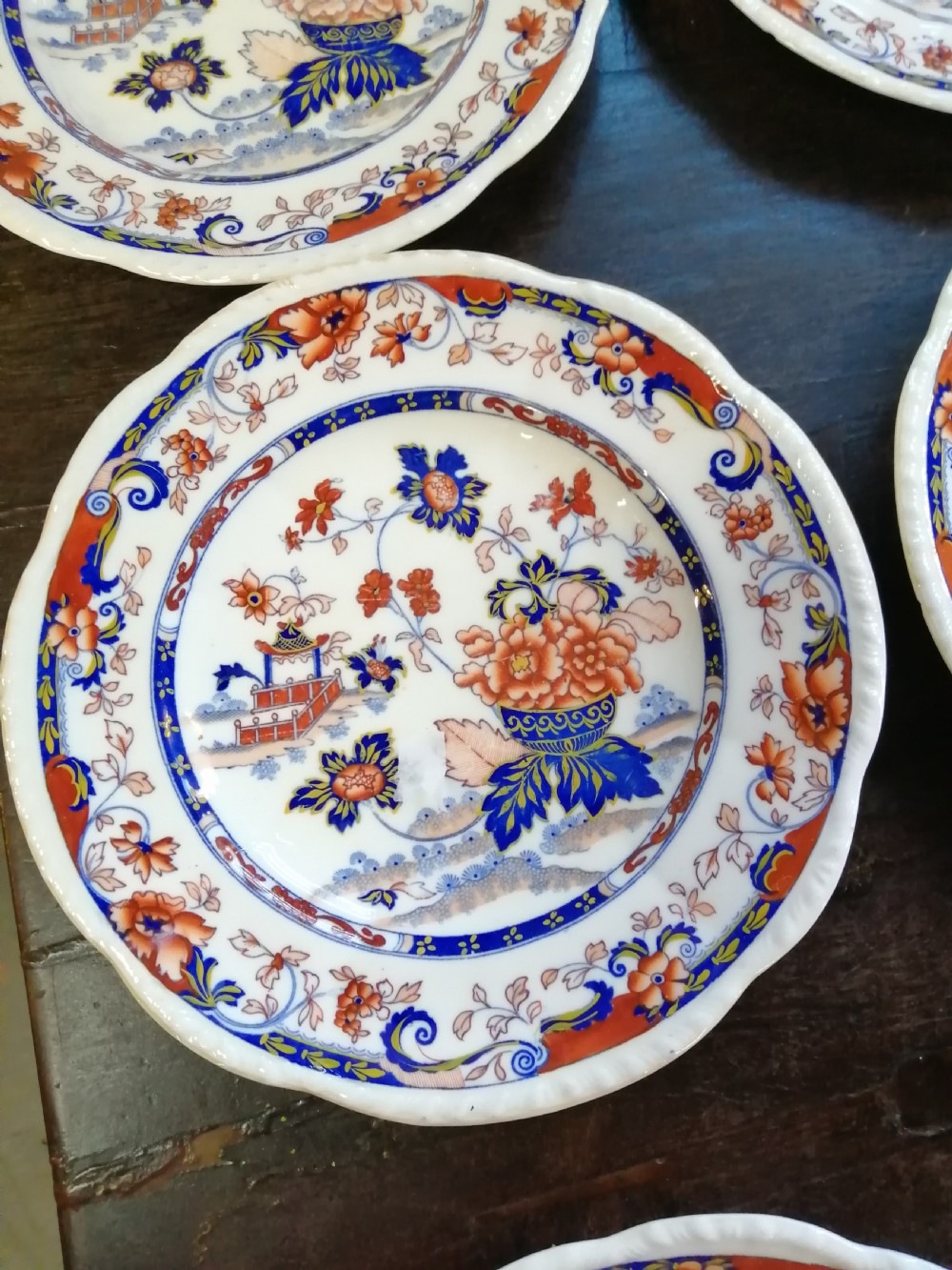 8 antique Imari pattern, English ironstone plates. View II
