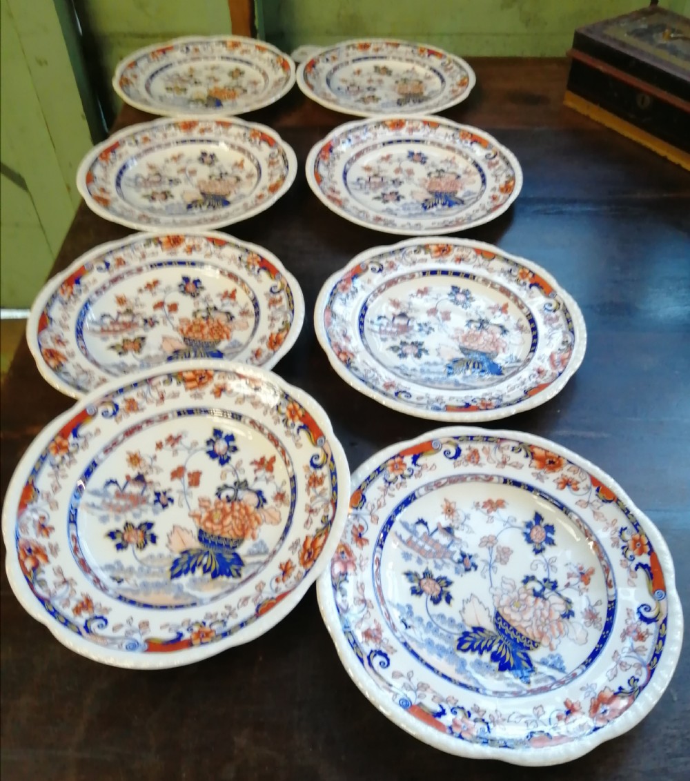 8 antique Imari pattern, English ironstone plates. View IV