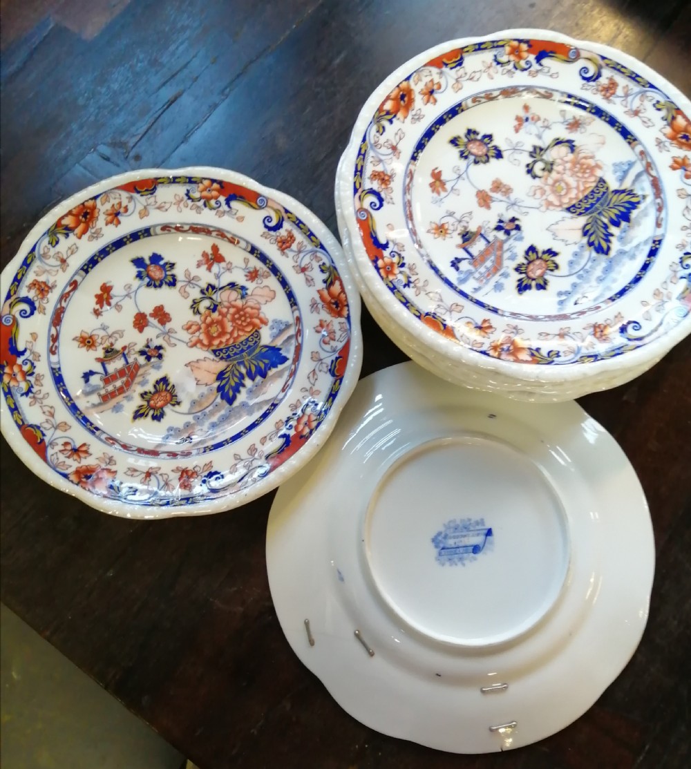 8 antique Imari pattern, English ironstone plates. View VI