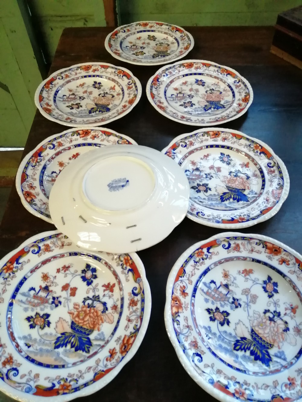 8 antique Imari pattern, English ironstone plates. View VIII