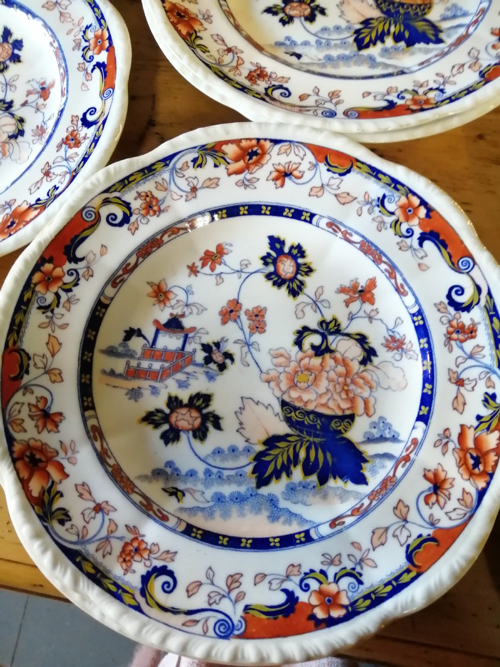 8 antique Imari pattern, English ironstone plates. View IX