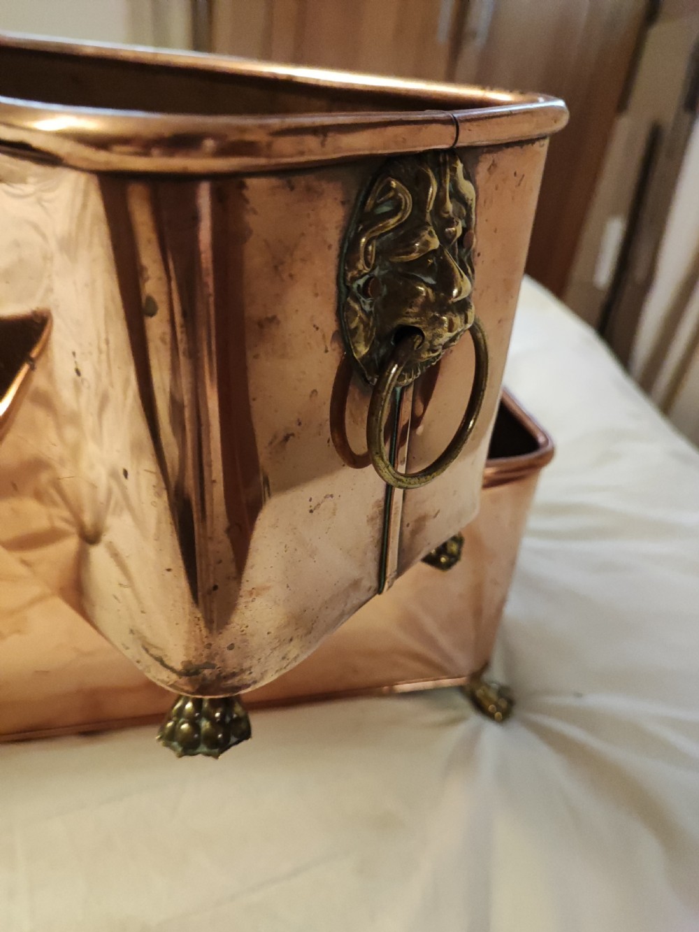 An antique pair of copper and brass planters. View VII