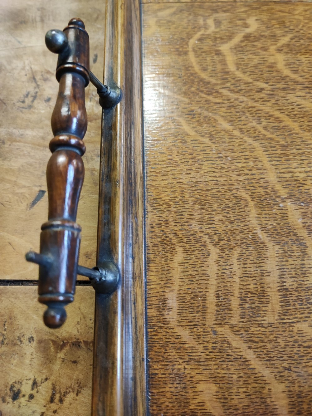 A large Edwardian oak and brass tray. View V