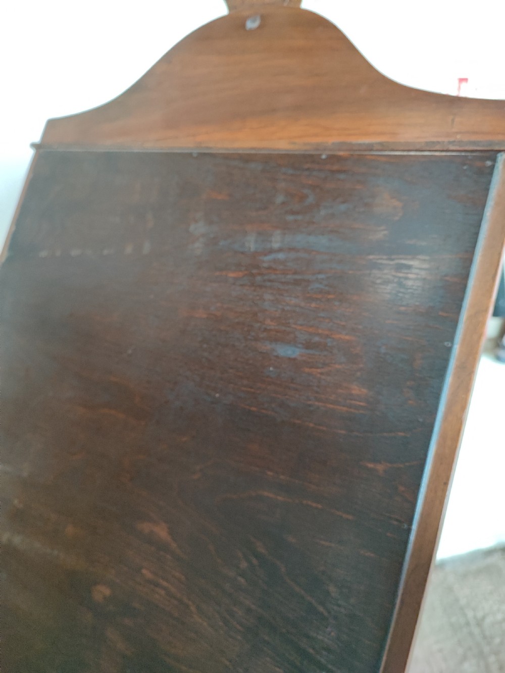 Antique figured and carved walnut cheval dressing mirror. View IX