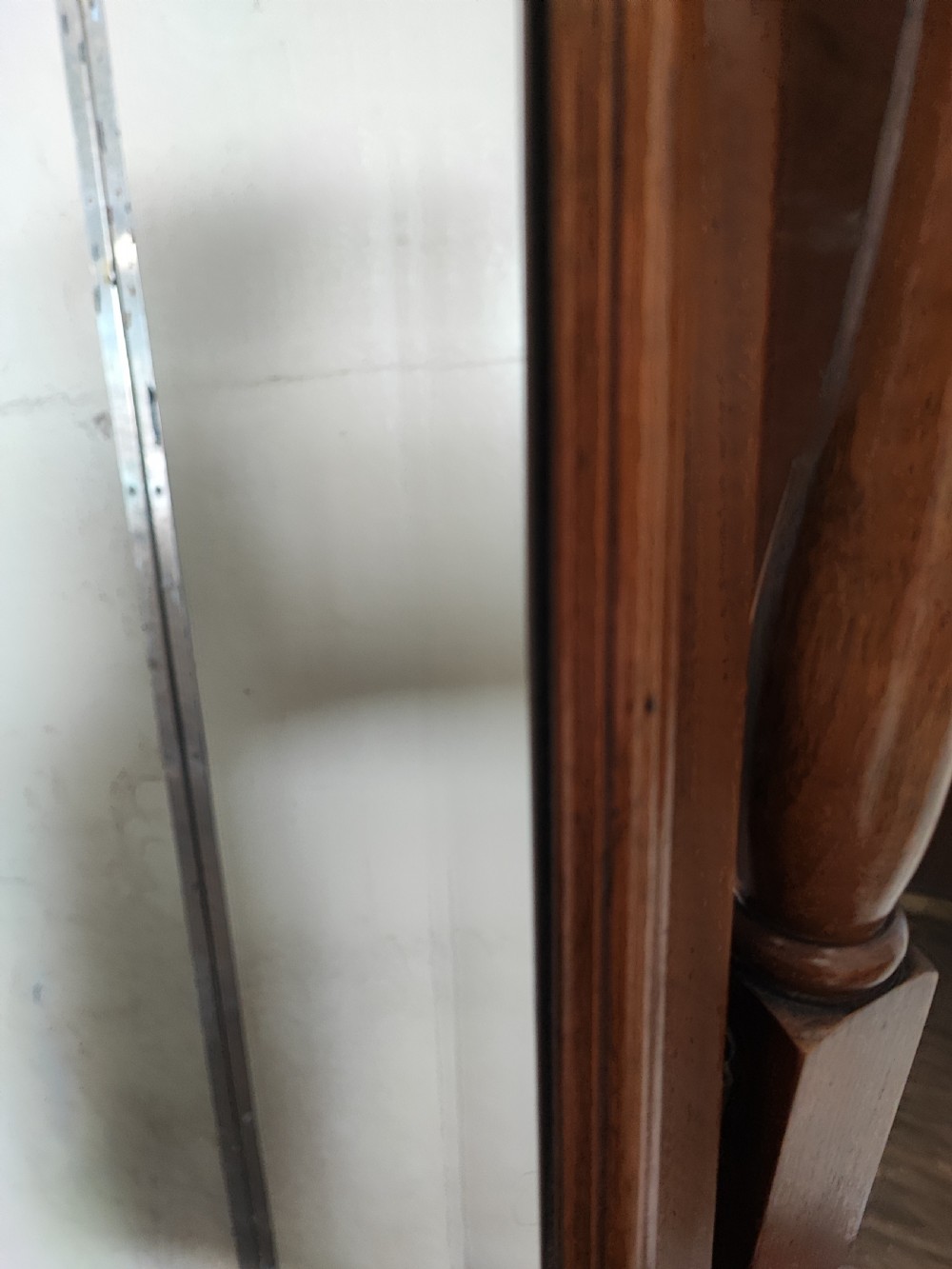 Antique figured and carved walnut cheval dressing mirror. View XII