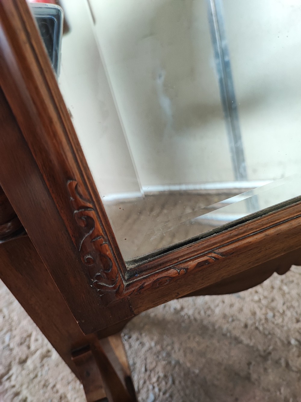 Antique figured and carved walnut cheval dressing mirror. View XIII