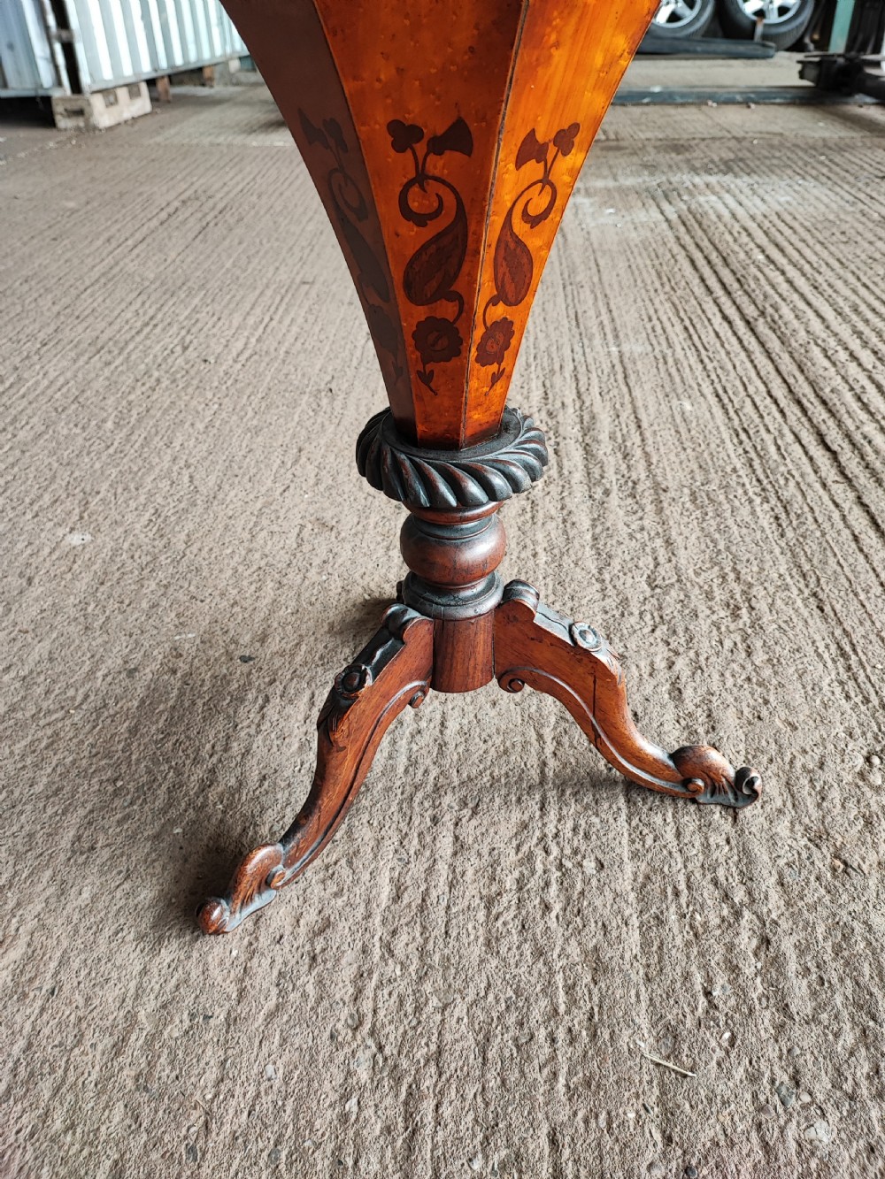 Victorian rosewood and Birdseye maple trumpet workbox.  View III