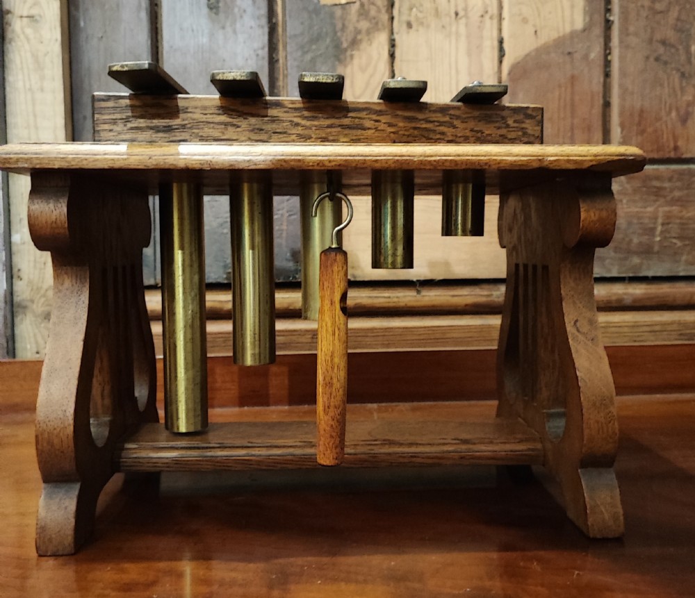 Antique oak and brass table top dinner chimes  View III