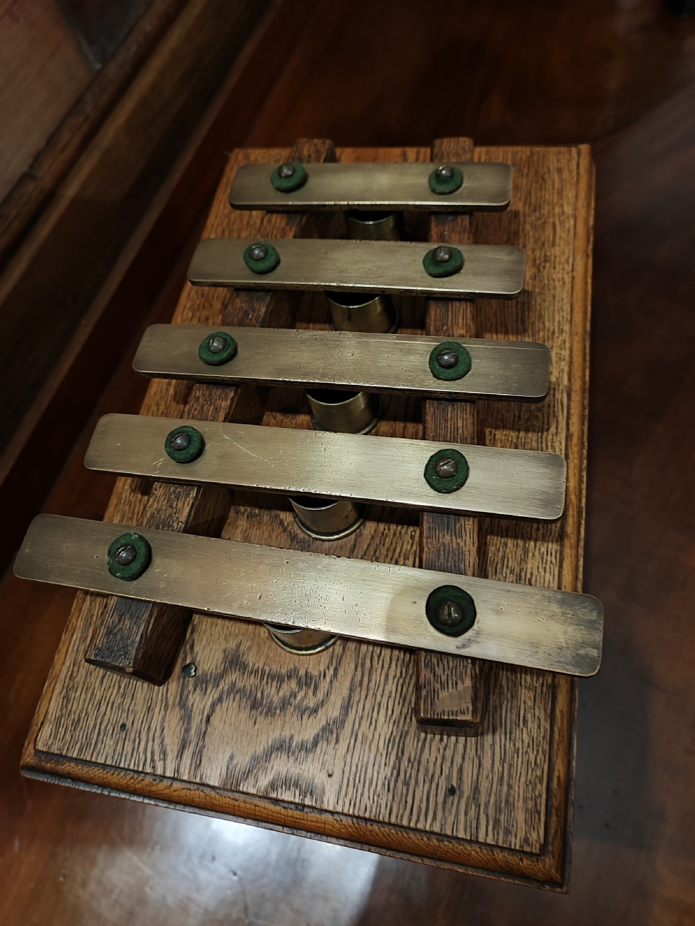 Antique oak and brass table top dinner chimes  View V