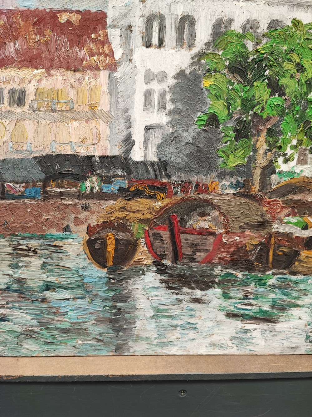 Vintage oil painting of a Mediterranean marina view. View II
