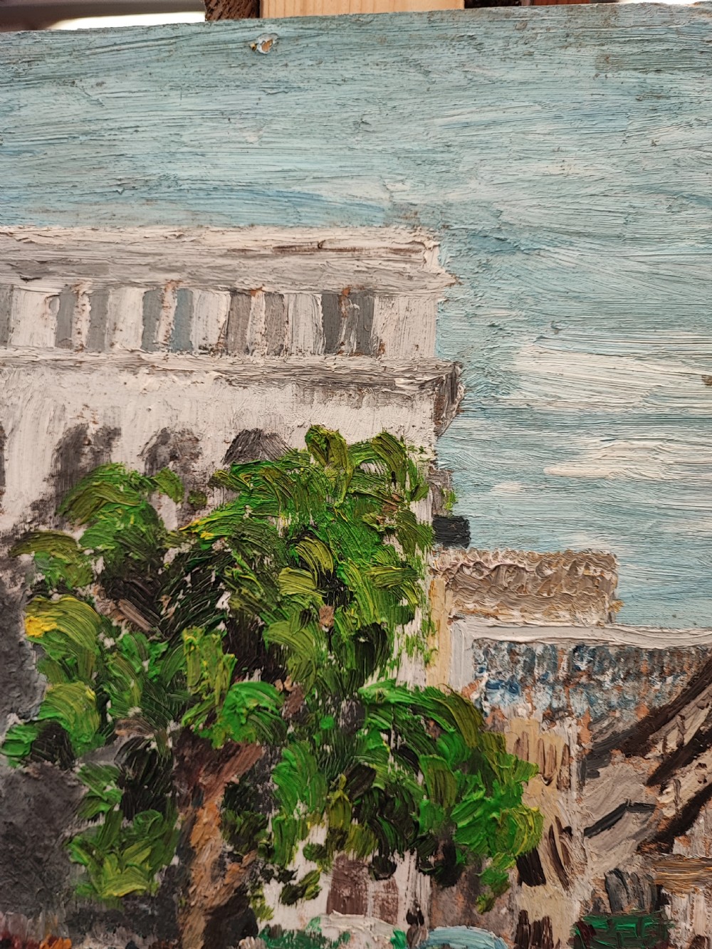 Vintage oil painting of a Mediterranean marina view. View III