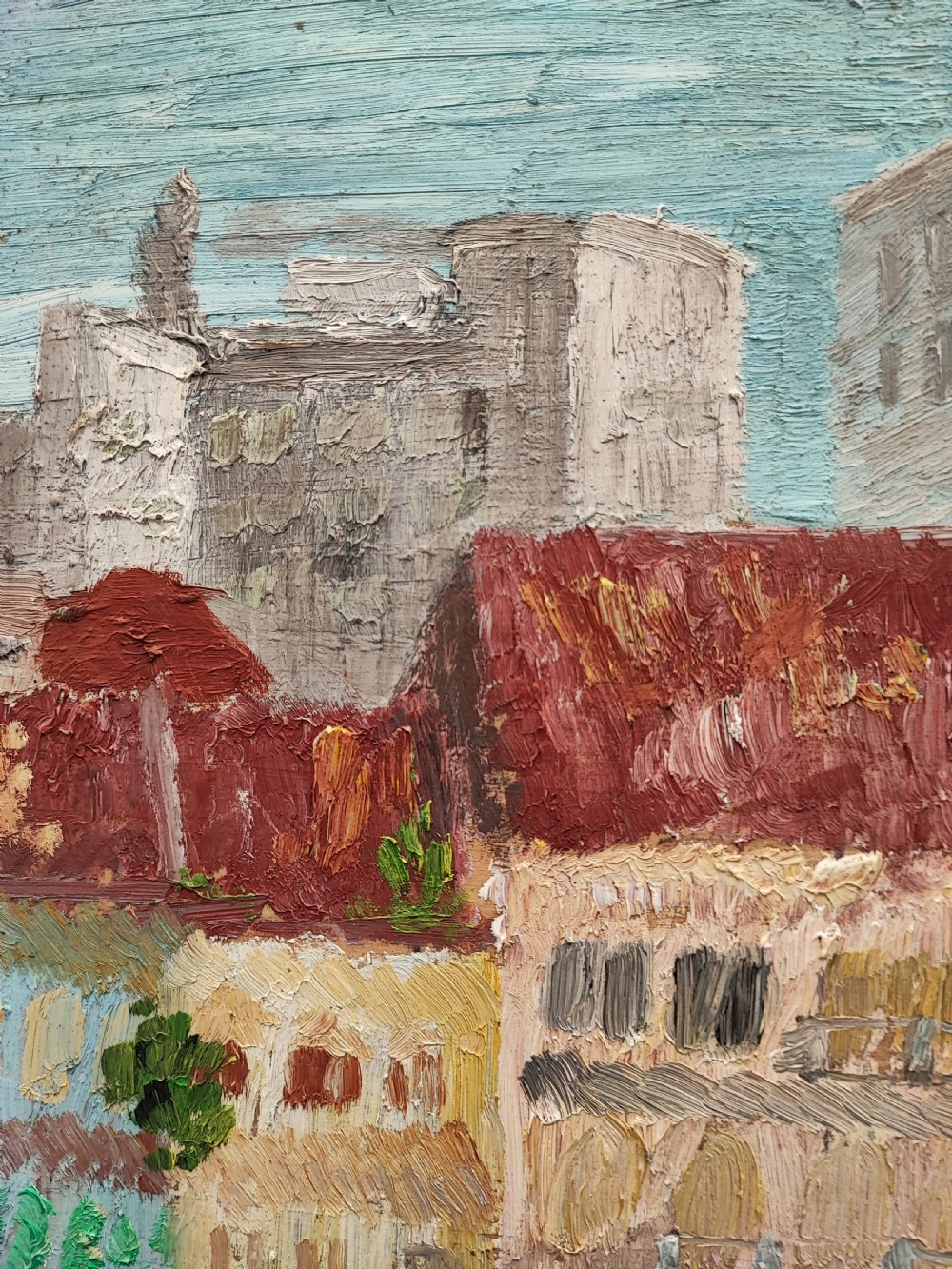 Vintage oil painting of a Mediterranean marina view. View IV